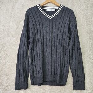 Vintage Cherokee Cable Knit Varsity Sweater Gray V Neck Tennis Preppy Mens M USA